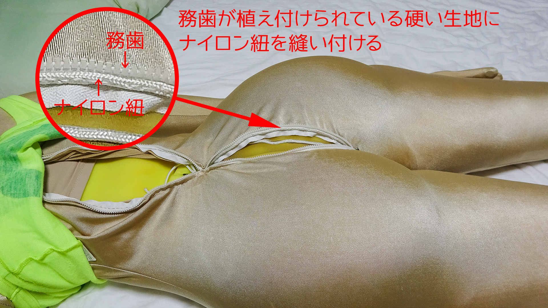 自作ラブドールの皮膚として使う市販品全身タイツの加工。おしりの谷底に該当する部分にナイロン紐を縫い付ける説明。