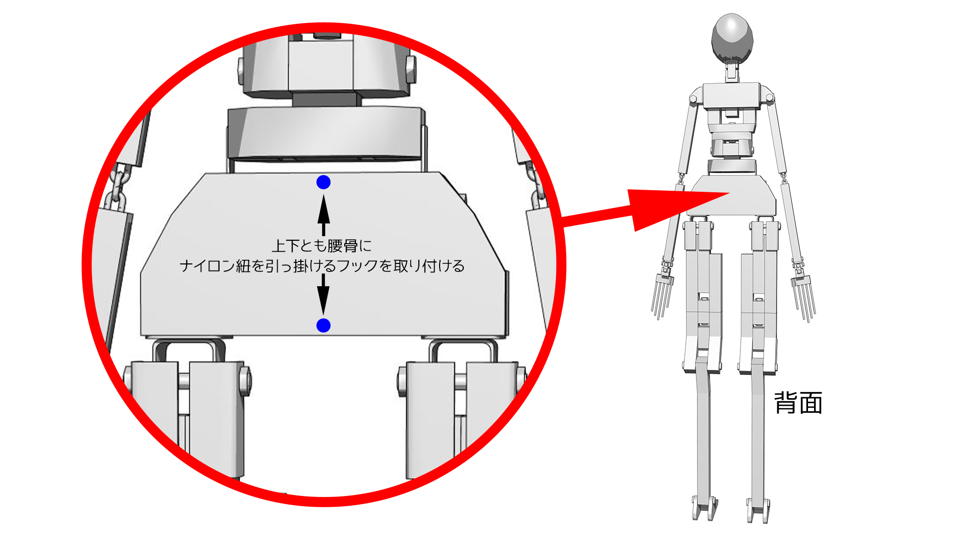 自作ラブドールの皮膚として使う市販品全身タイツの加工。ナイロン紐を引っ掛けるフックの位置を表す図。